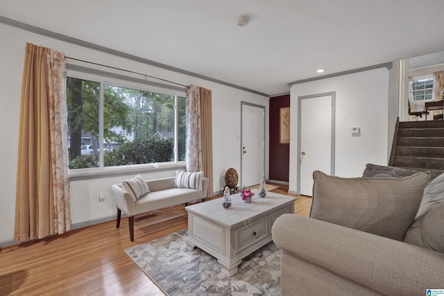 living room featuring crown molding, plenty of natural light, and light hardwood / wood-style flooring