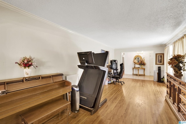 interior space with a textured ceiling, light hardwood / wood-style flooring, and ornamental molding