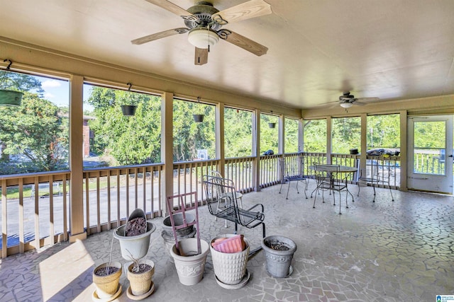 sunroom featuring ceiling fan