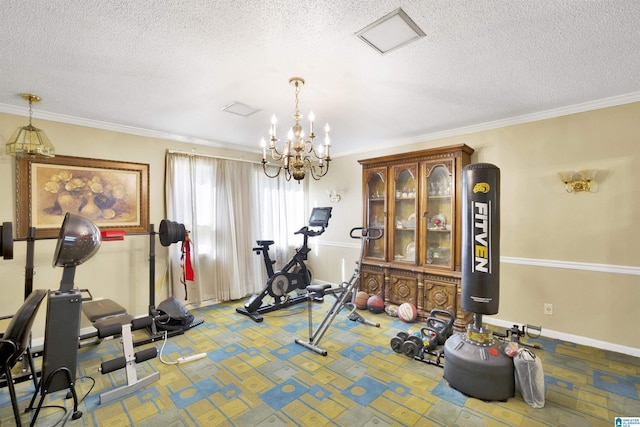 exercise area with a textured ceiling, crown molding, and an inviting chandelier