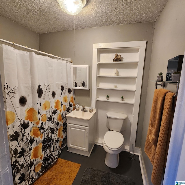 bathroom with a shower with shower curtain, vanity, toilet, and a textured ceiling