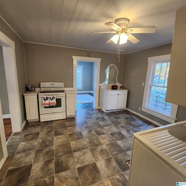 kitchen featuring electric range, stove, wood ceiling, and white cabinets