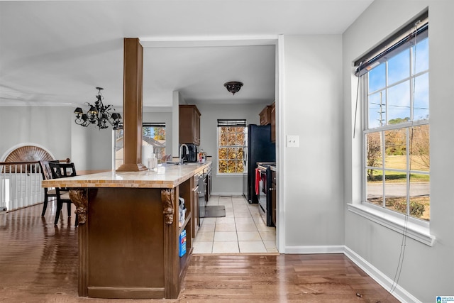 kitchen with range with electric stovetop, light wood-type flooring, plenty of natural light, and sink