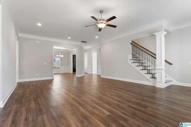 unfurnished living room with ceiling fan with notable chandelier, dark hardwood / wood-style floors, and crown molding