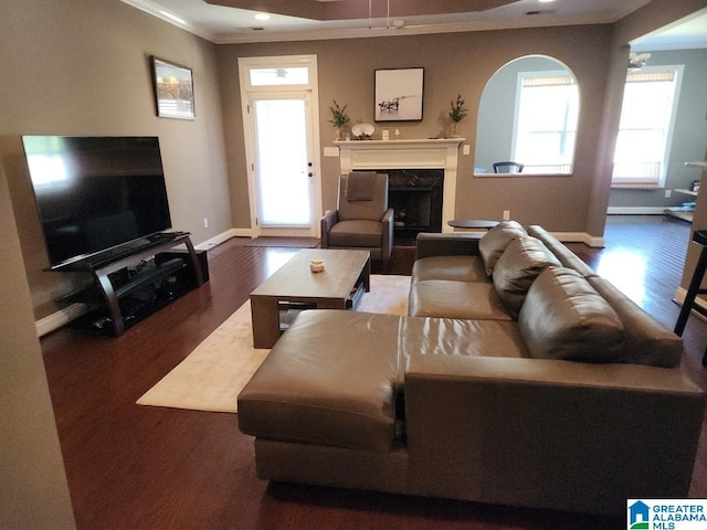 living room with ceiling fan, hardwood / wood-style floors, a high end fireplace, and ornamental molding