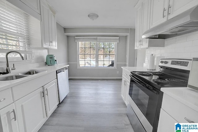 kitchen with white cabinetry, stainless steel range, sink, tasteful backsplash, and dishwashing machine