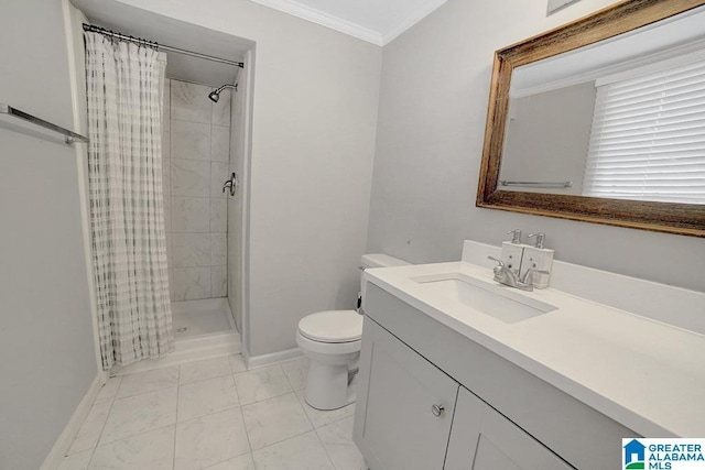 bathroom with vanity, curtained shower, toilet, and crown molding