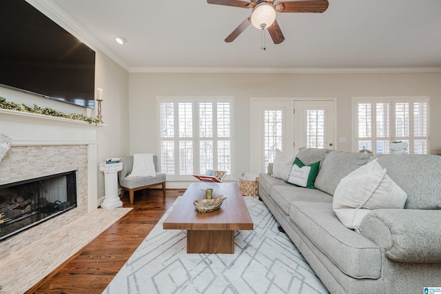 living room featuring plenty of natural light, a stone fireplace, dark hardwood / wood-style flooring, and ornamental molding