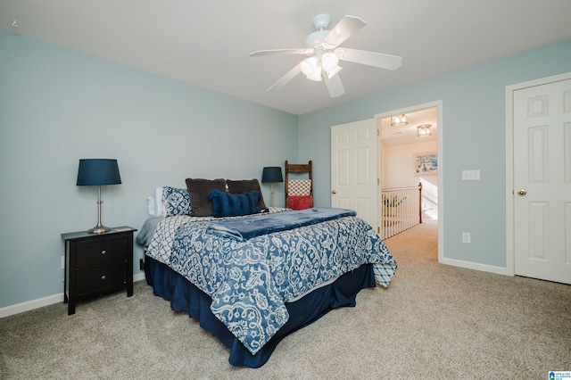 bedroom featuring carpet flooring and ceiling fan