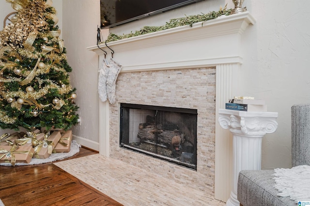 details with wood-type flooring and a stone fireplace