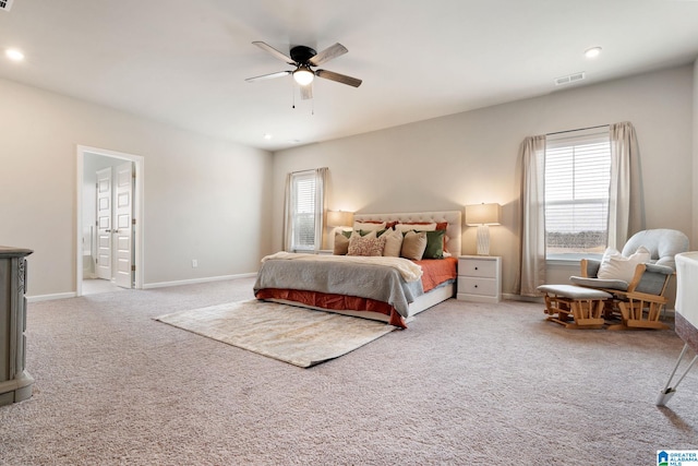 bedroom featuring ceiling fan and carpet floors