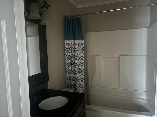 bathroom with vanity, shower / bath combo, and ornamental molding