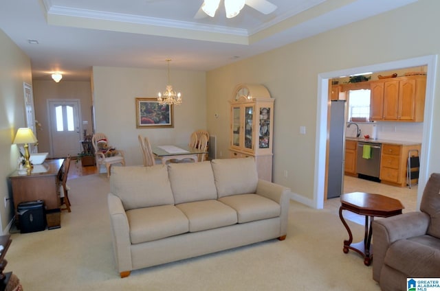 living room with light carpet, a raised ceiling, and crown molding