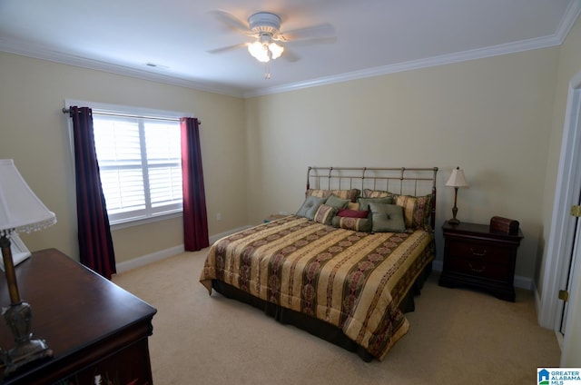 bedroom with ceiling fan, crown molding, and light carpet