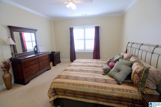 carpeted bedroom with multiple windows, ceiling fan, and crown molding