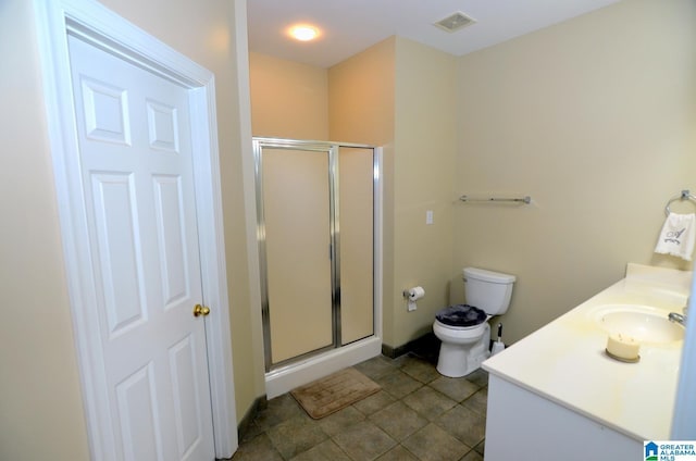 bathroom with tile patterned flooring, vanity, toilet, and a shower with door