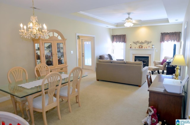 carpeted dining space featuring ceiling fan with notable chandelier and a tray ceiling