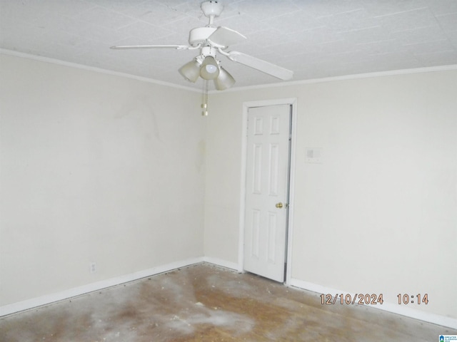 unfurnished room with ceiling fan, concrete flooring, and crown molding