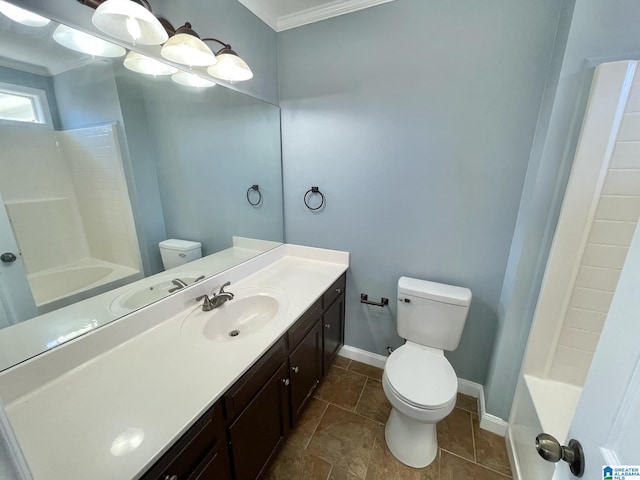 full bathroom featuring vanity, toilet, washtub / shower combination, and crown molding