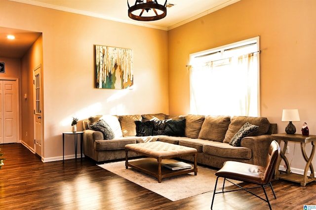 living room featuring dark hardwood / wood-style floors and ornamental molding