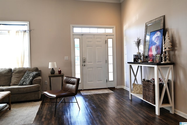 foyer featuring dark hardwood / wood-style floors, a wealth of natural light, and ornamental molding