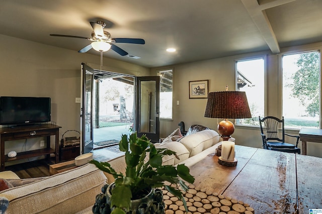 living room with ceiling fan