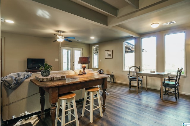 dining area featuring ceiling fan, french doors, and dark wood-type flooring