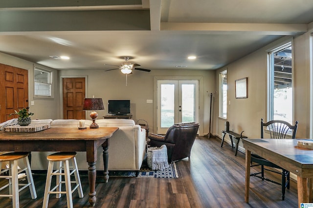 living room featuring french doors, dark hardwood / wood-style floors, and ceiling fan