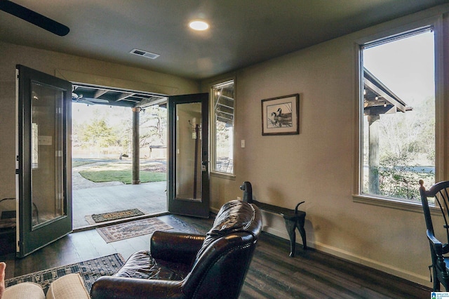 foyer entrance with plenty of natural light, dark wood-type flooring, and french doors