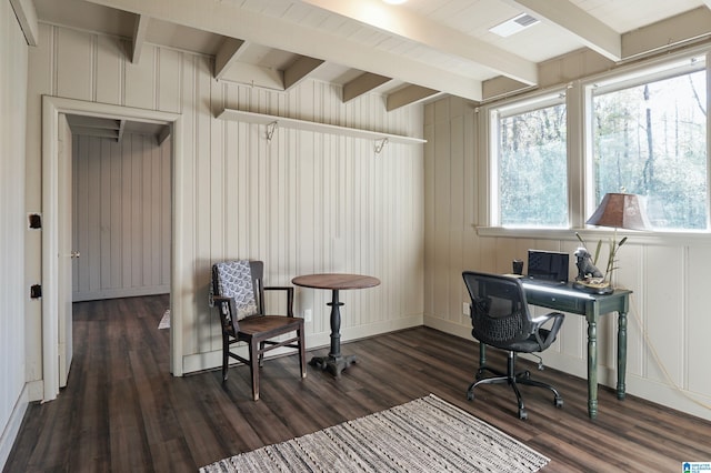 home office featuring beamed ceiling, dark hardwood / wood-style floors, a wealth of natural light, and wood walls