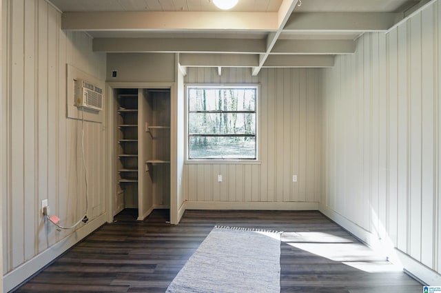 interior space featuring dark hardwood / wood-style floors, beam ceiling, and wooden walls