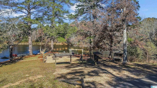 view of yard featuring a dock and a water view