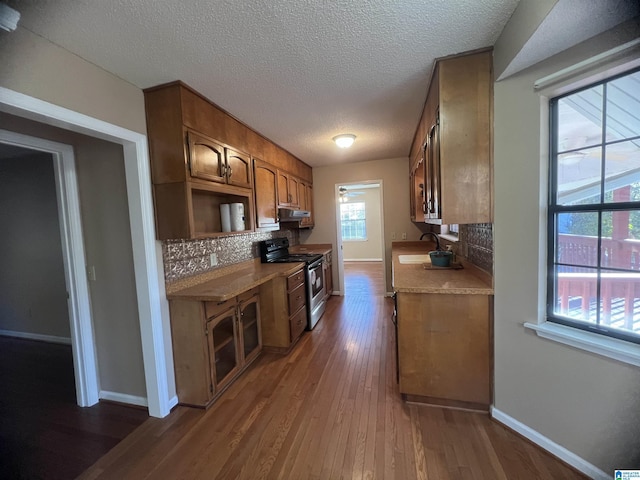 kitchen with a textured ceiling, decorative backsplash, dark hardwood / wood-style floors, and stainless steel range with electric stovetop