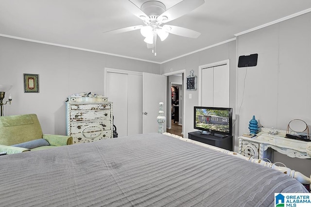 bedroom with ceiling fan and crown molding