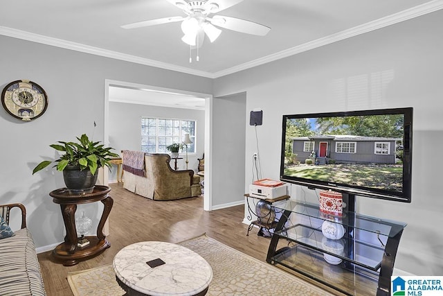 living room featuring hardwood / wood-style flooring, ceiling fan, and ornamental molding