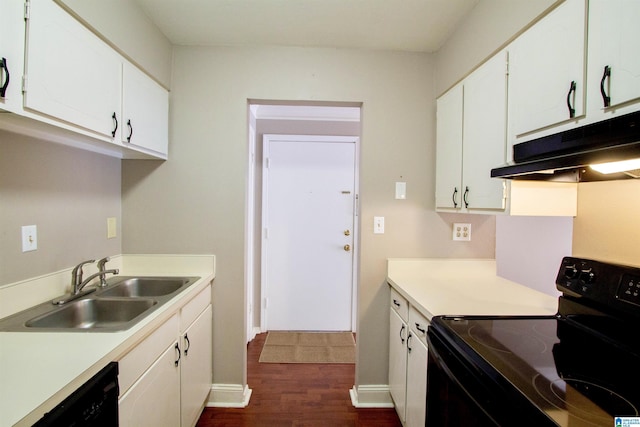 kitchen with black appliances, sink, white cabinetry, and dark wood-type flooring