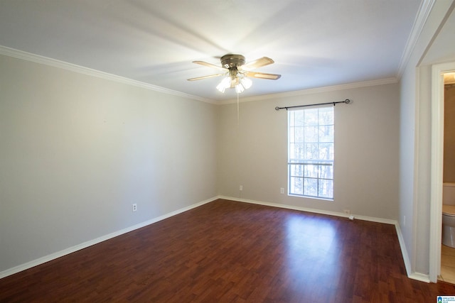 unfurnished room with dark hardwood / wood-style floors, ceiling fan, and crown molding