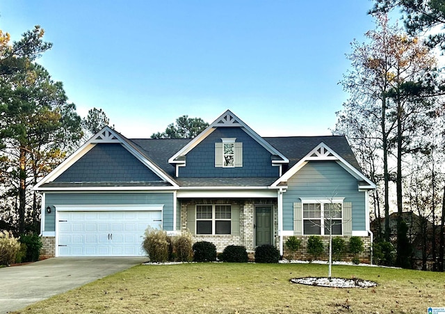 craftsman inspired home featuring a garage and a front lawn