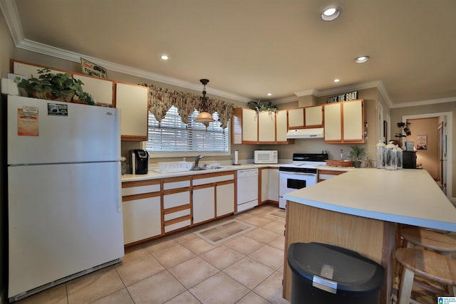 kitchen featuring kitchen peninsula, a chandelier, pendant lighting, white appliances, and ornamental molding