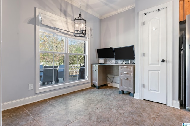 home office featuring ornamental molding, light tile patterned floors, and a chandelier