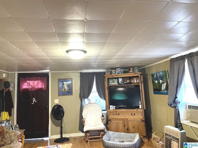 living room with hardwood / wood-style floors and heating unit