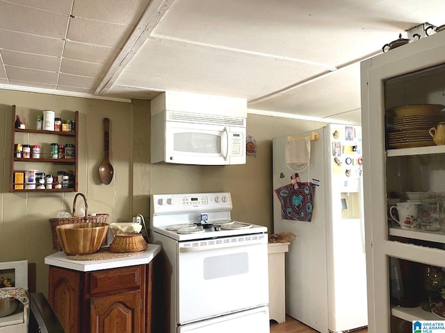 kitchen featuring light wood-type flooring and white appliances