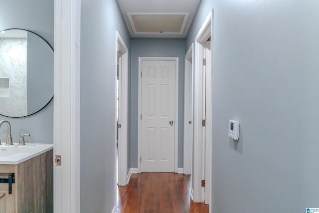 corridor featuring dark hardwood / wood-style flooring and sink