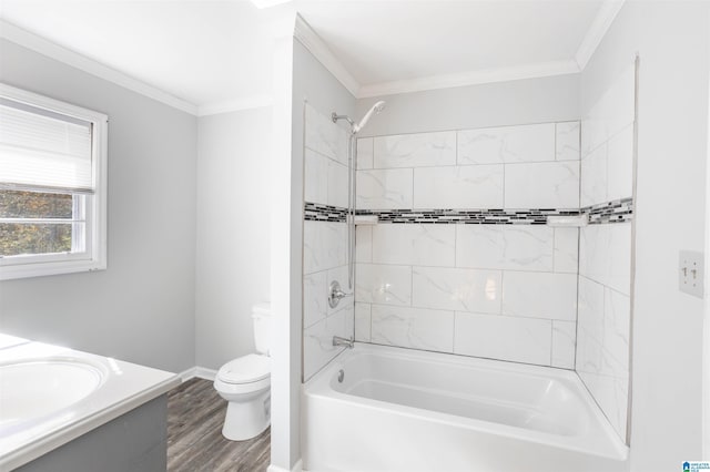 full bathroom with hardwood / wood-style floors, vanity, toilet, and ornamental molding