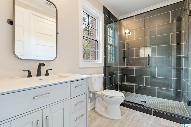 bathroom featuring walk in shower, vanity, and toilet