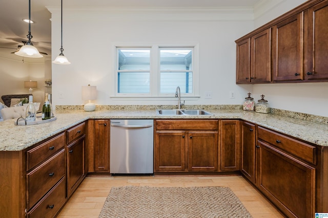 kitchen featuring dishwasher, sink, crown molding, light hardwood / wood-style floors, and pendant lighting