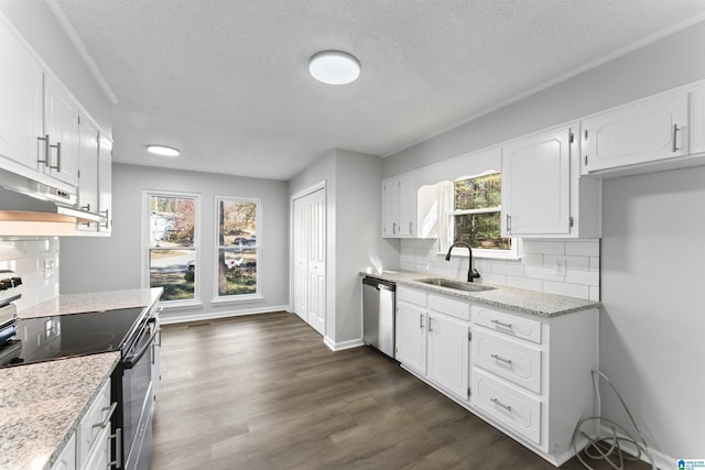 kitchen with appliances with stainless steel finishes, backsplash, dark hardwood / wood-style flooring, sink, and white cabinetry