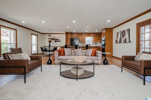 living room featuring light hardwood / wood-style flooring, a wealth of natural light, and ornamental molding