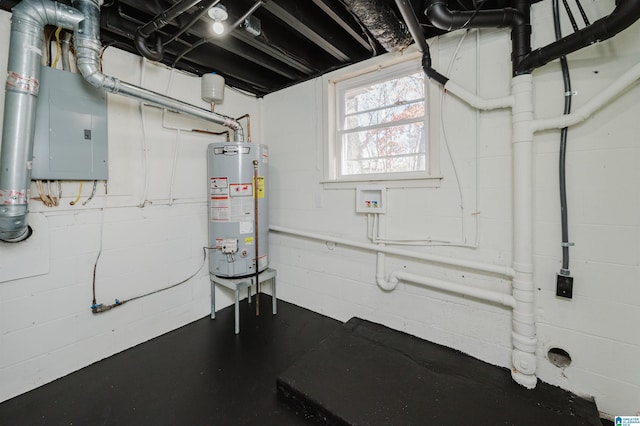 basement featuring electric panel and gas water heater