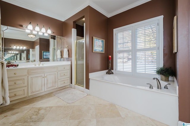 bathroom featuring tile patterned floors, vanity, ornamental molding, and shower with separate bathtub